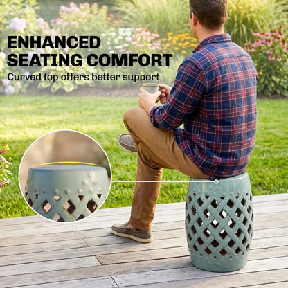 18" Ceramic Garden Stool, Woven Lattice Design, Indoor Outdoor, Blue Patio Chairs at Gallery Canada