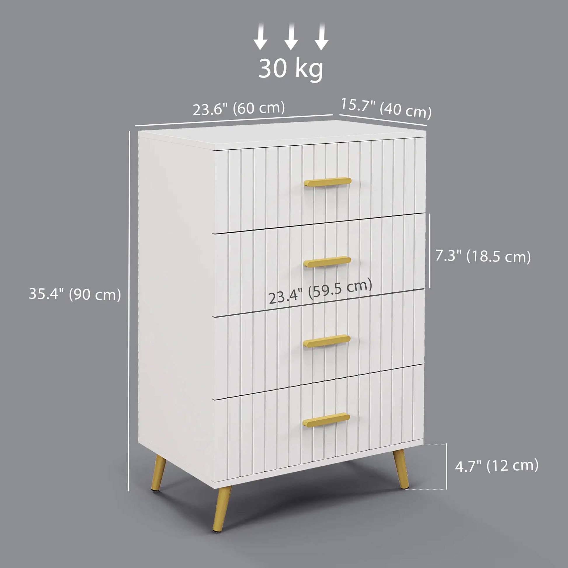 4 Drawer Cabinet, Bedroom Chest of Drawers, Aluminium Legs, Gold Handles, White Storage Cabinets at Gallery Canada