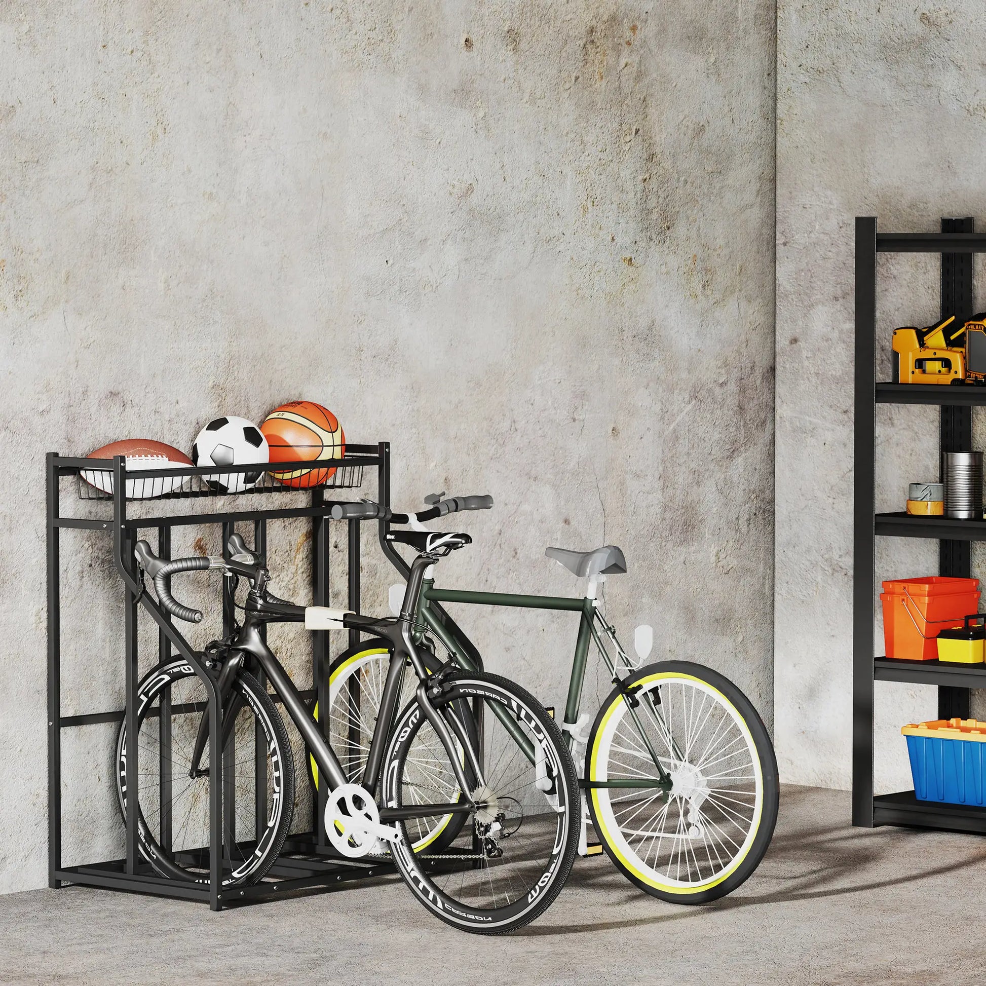 3 Bike Stand, Metal Floor Storage Rack with Basket, Hooks, Black Bike Parking Stands at Gallery Canada
