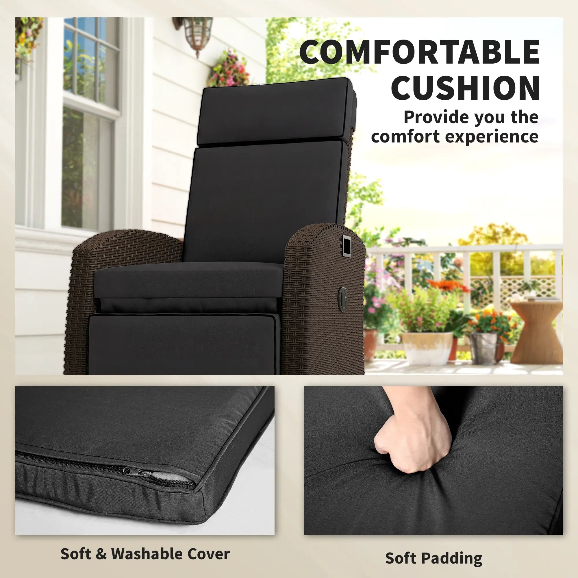 Outdoor Recliner Chair, Adjustable Backrest, Cushion, Side Tray, Black Wicker Chaise Loungers at Gallery Canada