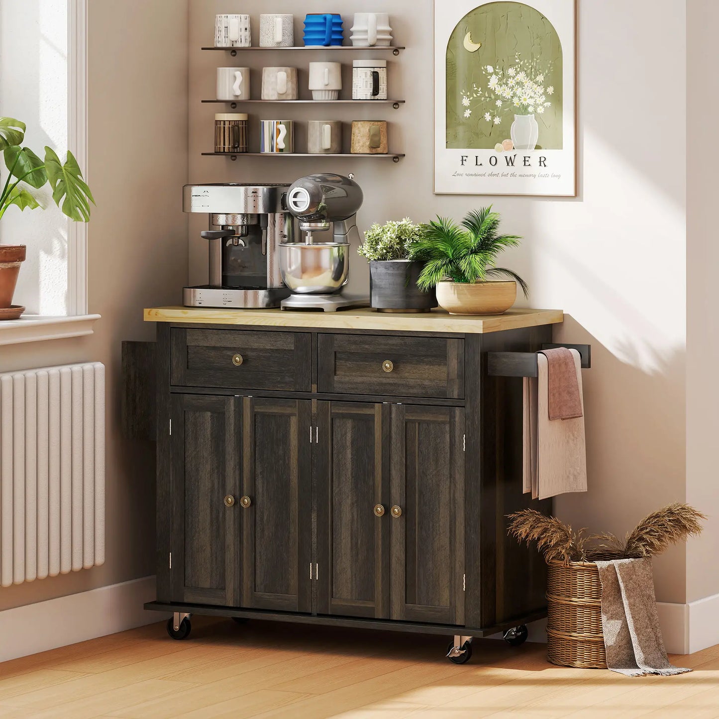 Kitchen Island with Storage, Rolling Cart, Rubber Wood Top, Brown Oak, Brown Kitchen Islands & Kitchen Carts at Gallery Canada