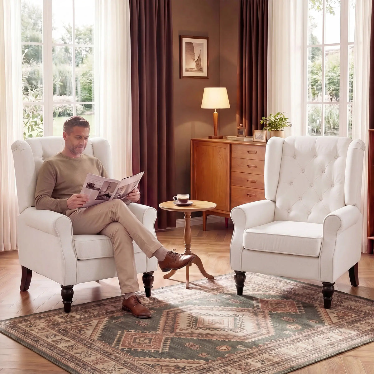 Modern Wingback Chair, Tufted Fabric Armchair With Wood Legs, White Accent Chairs at Gallery Canada