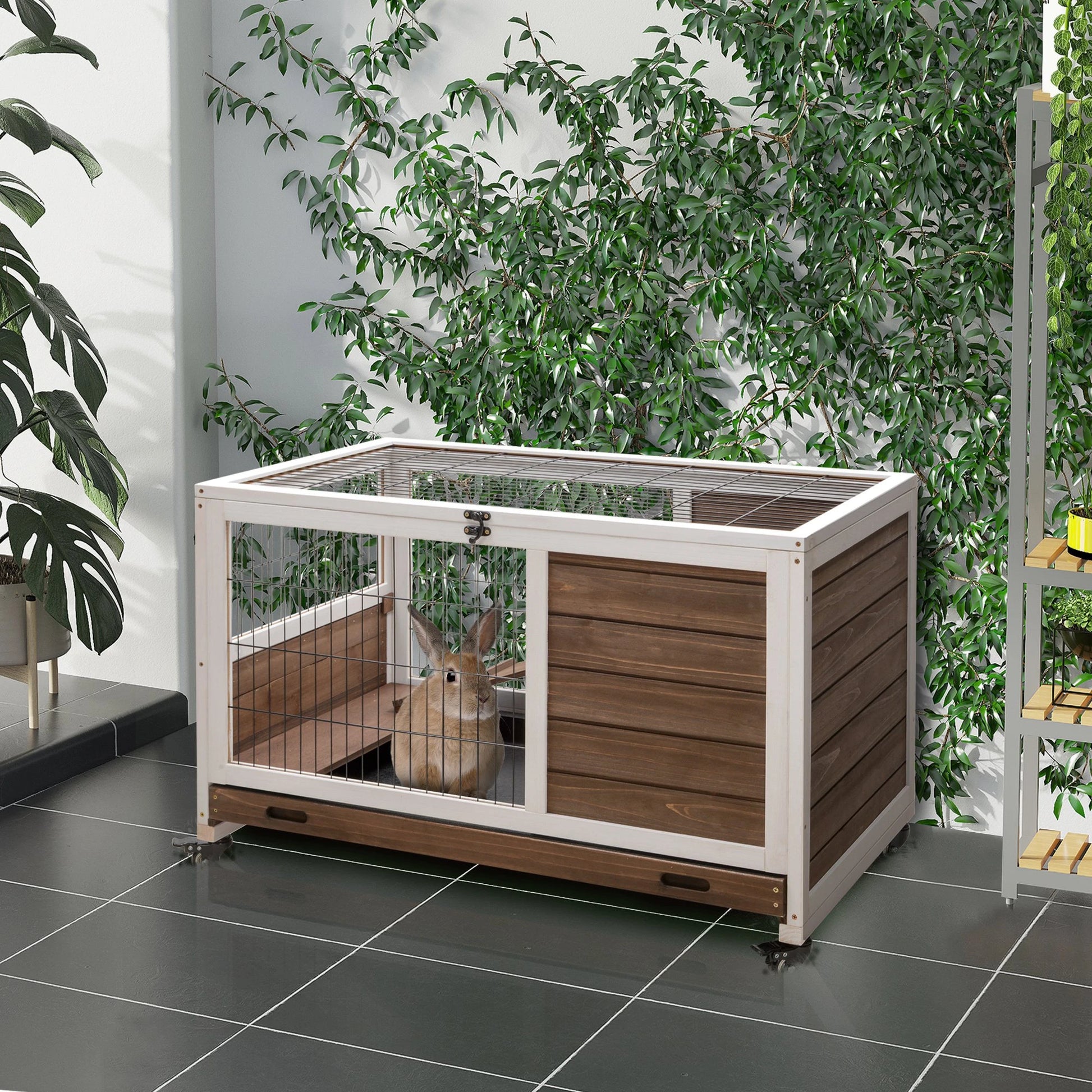 Wooden Indoor Rabbit Hutch, Elevated Bunny Cage with Wheels, Brown Rabbit Hutch at Gallery Canada