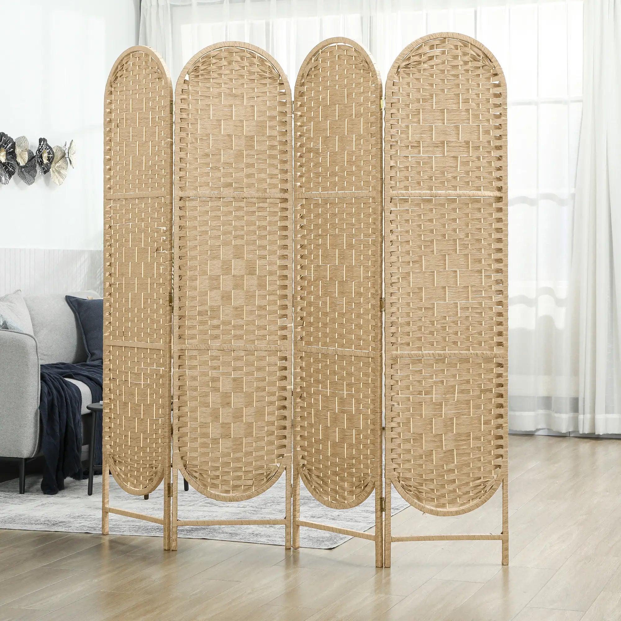 Bohemian Privacy Screen, 4 Panel Folding Room Divider, Arched Top, Natural Wood Room Dividers at Gallery Canada