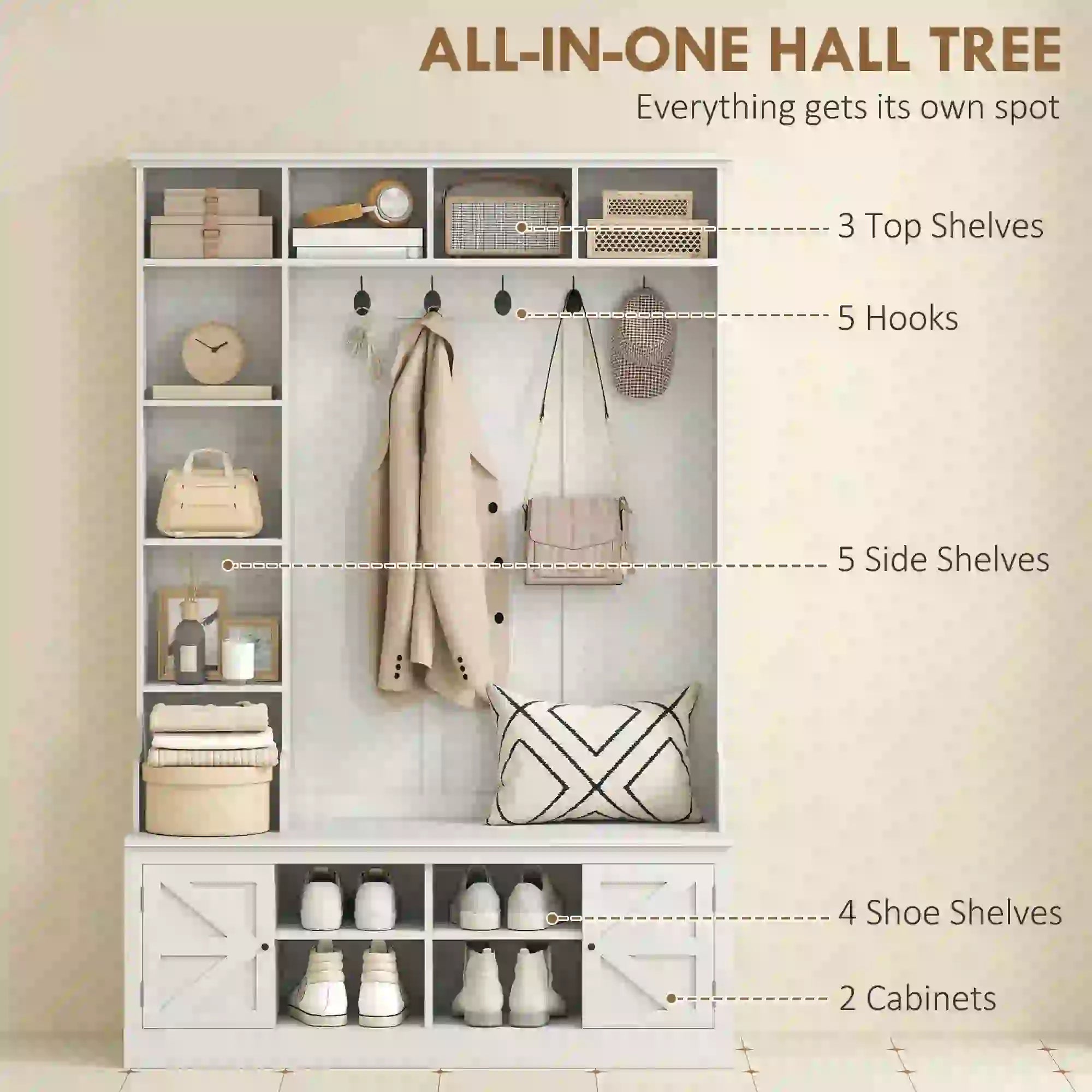 Hall Tree Bench With Shoe Storage, 12 Shelves, 2 Cabinets, 5 Hooks, White Clothing Storage at Gallery Canada