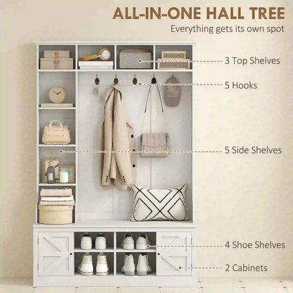 Hall Tree Bench With Shoe Storage, 12 Shelves, 2 Cabinets, 5 Hooks, White Clothing Storage at Gallery Canada