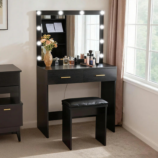 Makeup Vanity Desk Set with Stool, LED Mirror, Drawers, Black Dressing & Vanity Tables Black at Gallery Canada