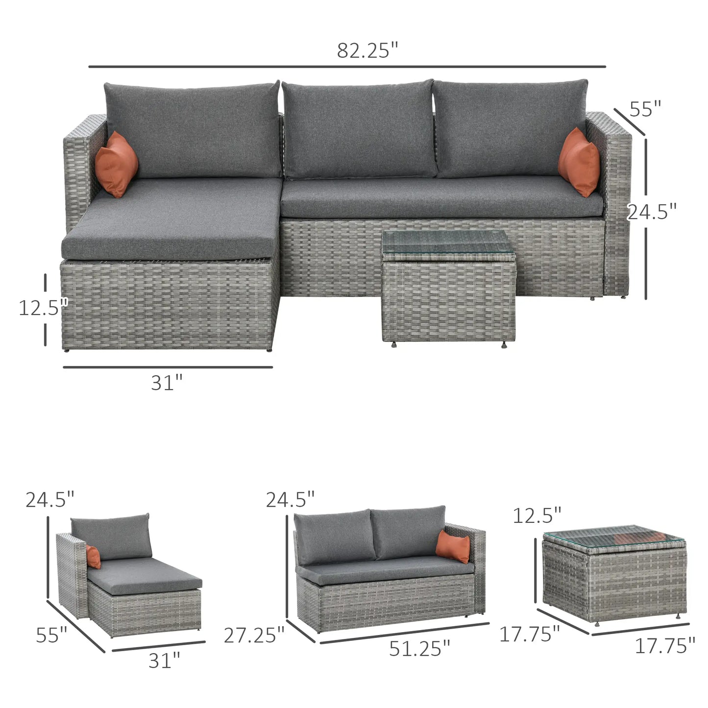 3-Piece Patio Furniture Set, Sectional Sofa, Wicker Chair, Grey Patio Furniture Sets at Gallery Canada