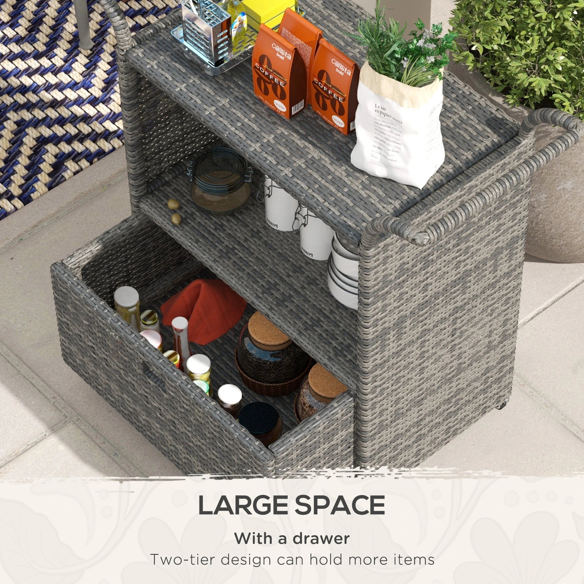 PE Wicker Serving Cart, 2-Tier Shelf, Outdoor Wheeled Rattan Cart, Grey Patio Dinning Tables at Gallery Canada