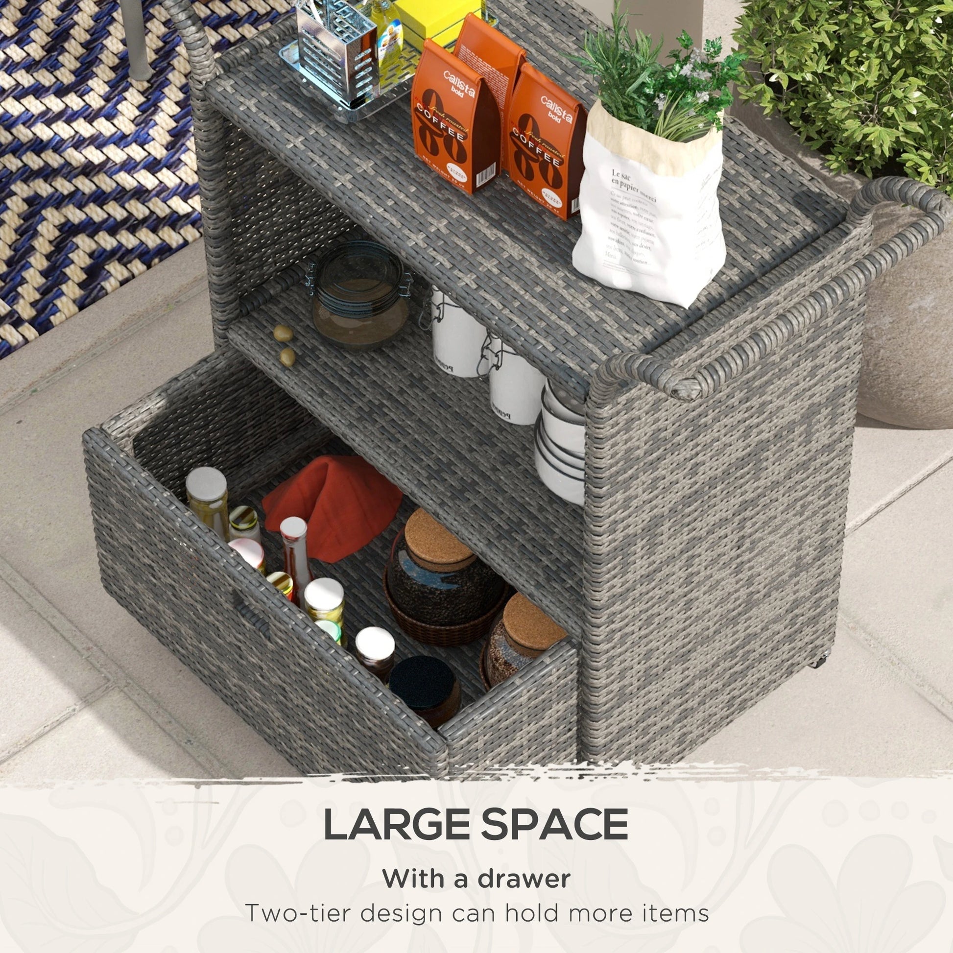 PE Wicker Serving Cart, 2-Tier Shelf, Outdoor Wheeled Rattan Cart, Grey Patio Dinning Tables at Gallery Canada