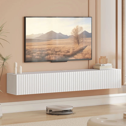 55 Inch Floating TV Stand, Wall Mount Media Console, 2 Fluted Doors, White TV Stands at Gallery Canada