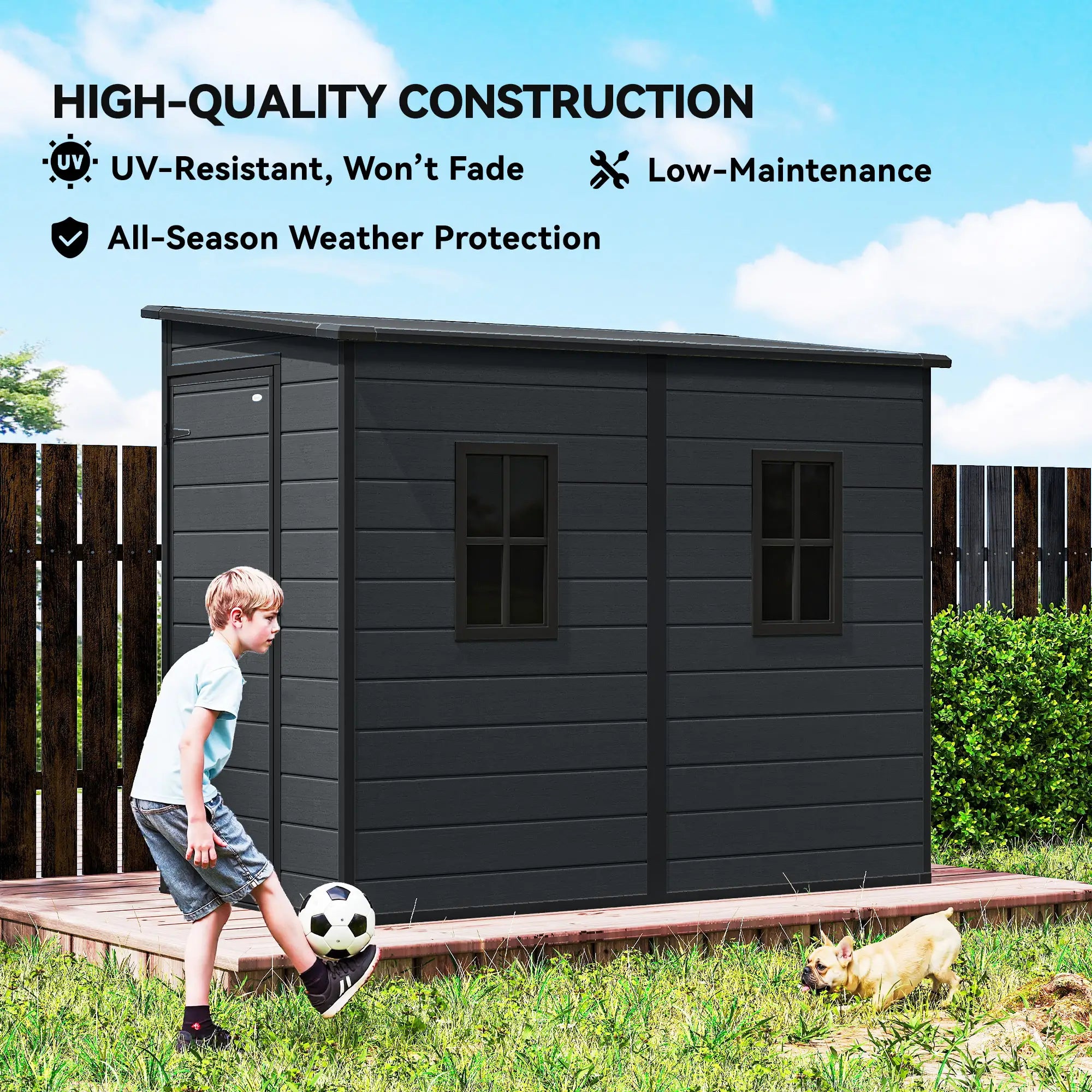4.3' x 8' Dark Grey Outdoor Storage Shed With Floor, Lockable Doors, Dark Grey Sheds at Gallery Canada