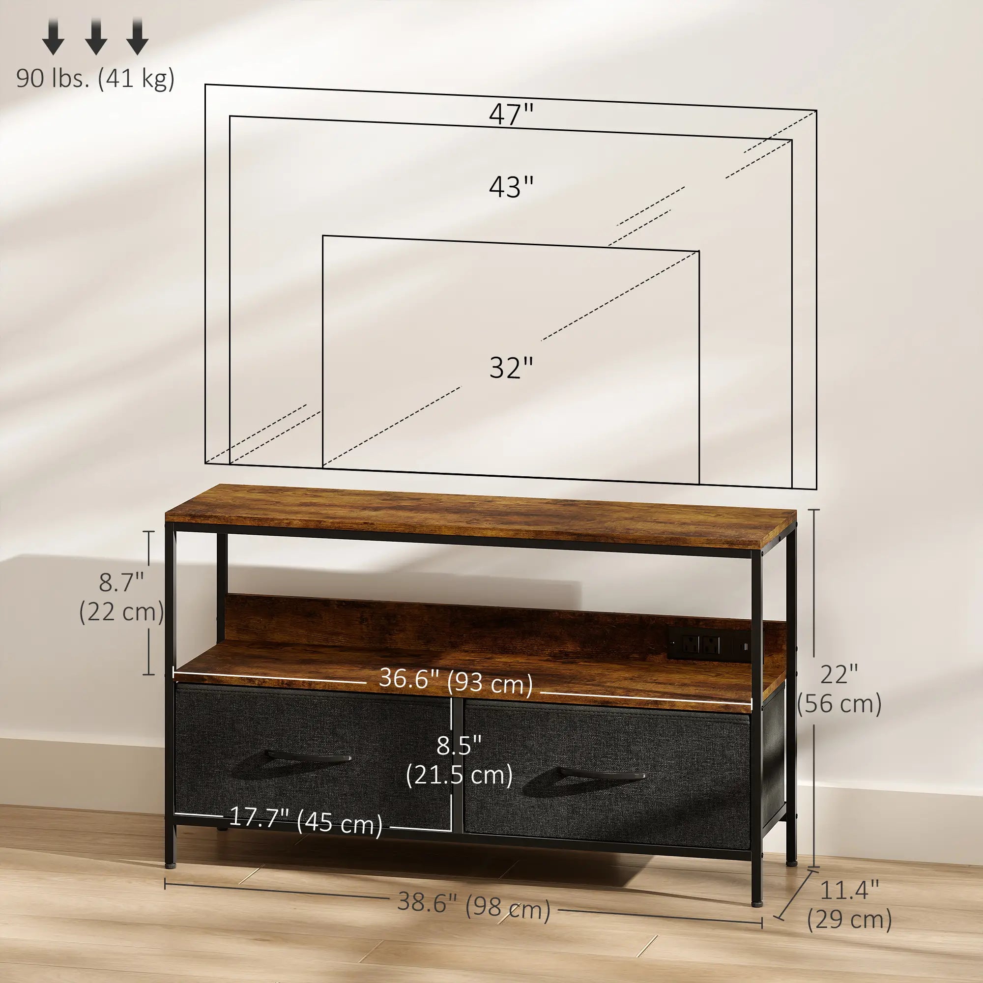 TV Stand With Charging Station, 2 Foldable Linen Drawers, Open Shelf, 47 Inch, Rustic Brown, Brown TV Stands at Gallery Canada