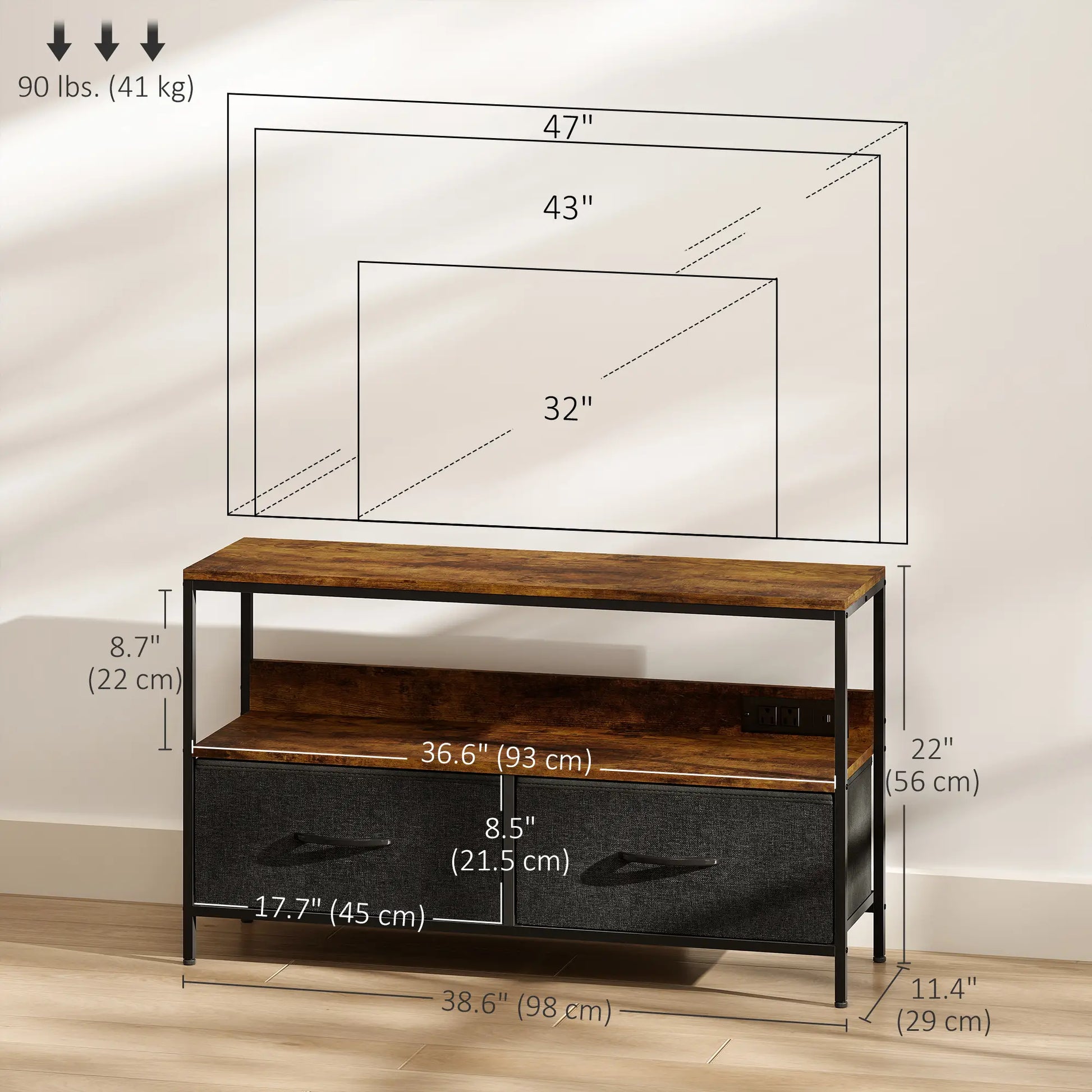TV Stand With Charging Station, 2 Foldable Linen Drawers, Open Shelf, 47 Inch, Rustic Brown, Brown TV Stands at Gallery Canada
