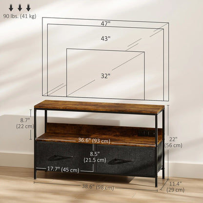 TV Stand With Charging Station, 2 Foldable Linen Drawers, Open Shelf, 47 Inch, Rustic Brown, Brown TV Stands at Gallery Canada