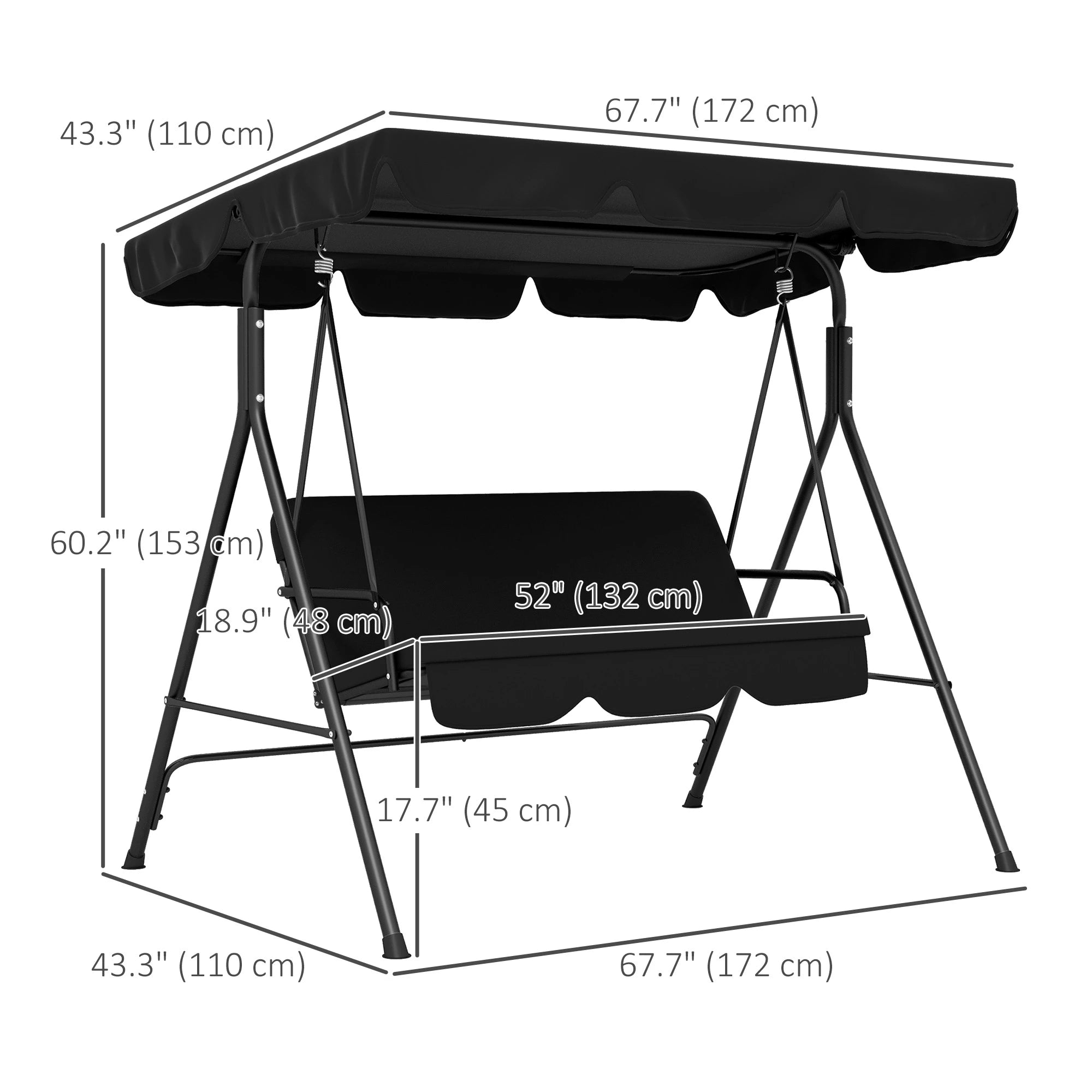 3-Seater Outdoor Porch Swing, Adjustable Canopy, Black Patio Swings with Stand at Gallery Canada