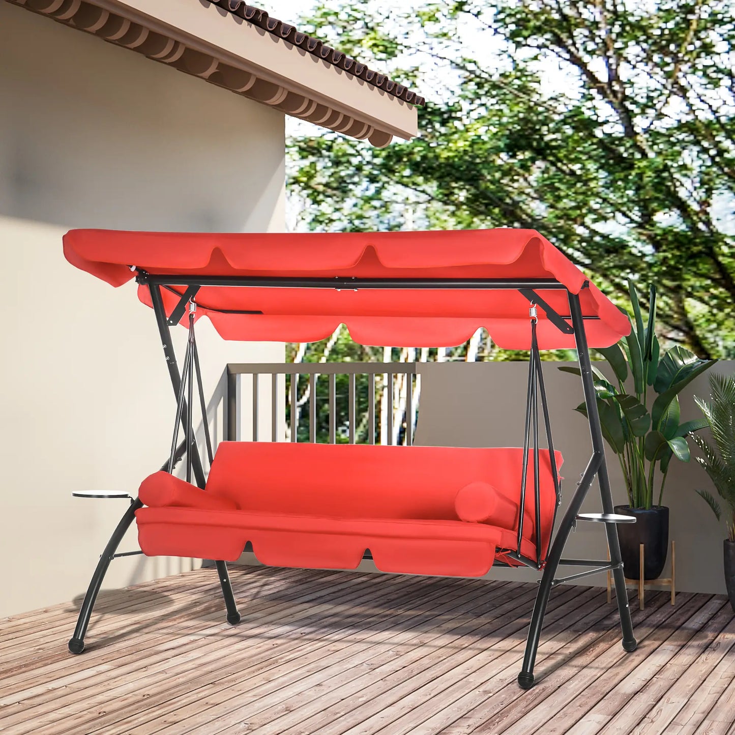 3-Seat Outdoor Swing Chair, Convertible Flat Bed, Adjustable Canopy, Removable Cushion Porch Swings with Canopy at Gallery Canada