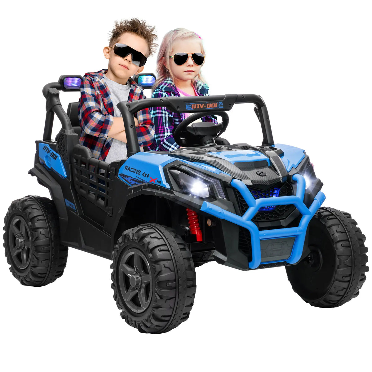 2 Seater 24V Electric Car for Kids, Remote Control, 3 Speed, LED Lights, Music, Horn, Spring Suspension, Blue