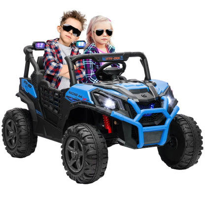 2 Seater 24V Electric Car for Kids, Remote Control, 3 Speed, LED Lights, Music, Horn, Spring Suspension, Blue