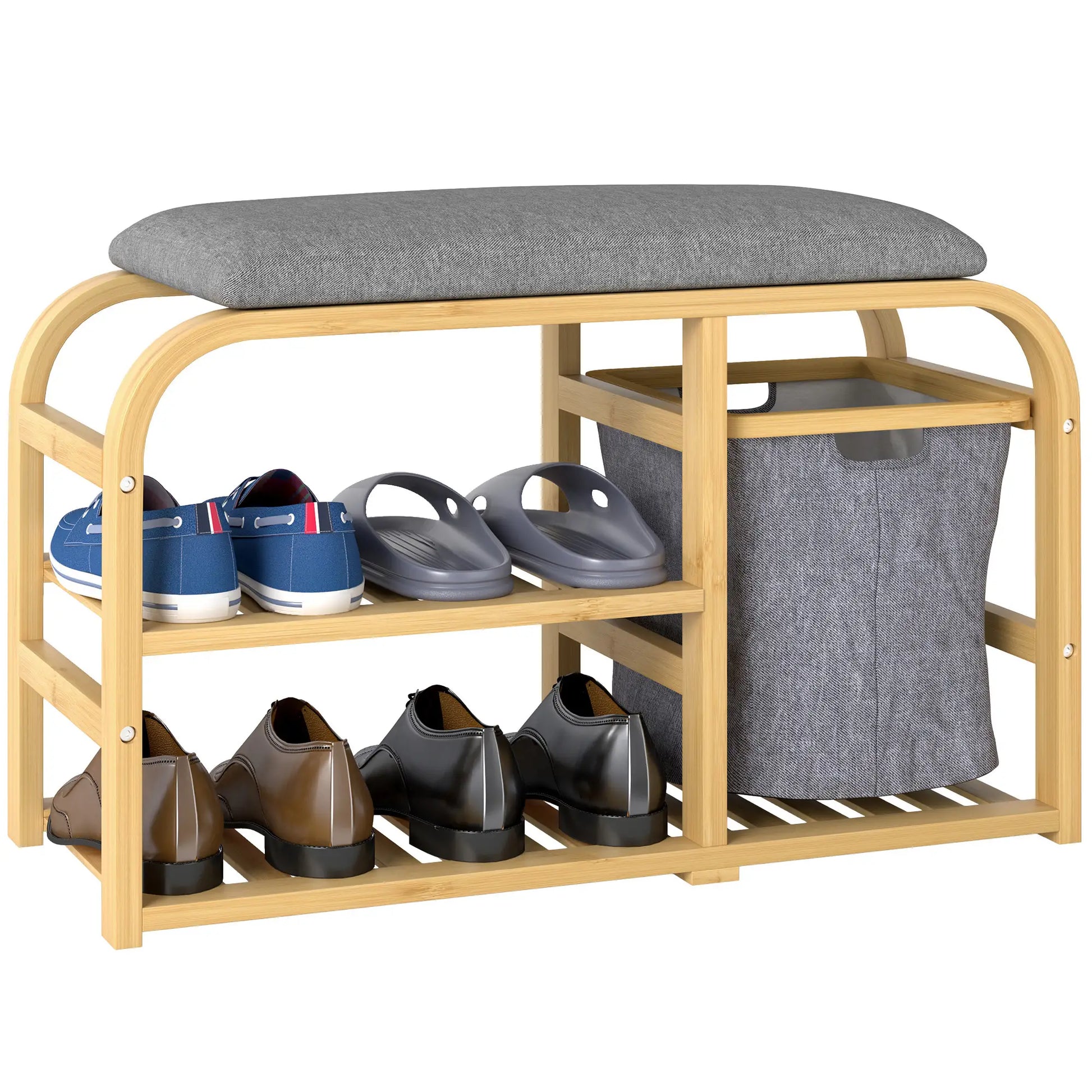 Bamboo Entryway Bench, Shoe Storage with Cushion, Slat Shelves, Pull-Out Basket Storage Ottomans & Benches at Gallery Canada