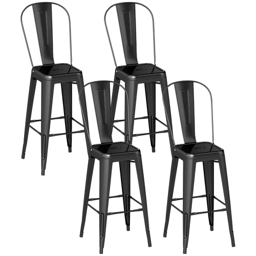 24 Inch Bar Stools, Set of 4, Industrial Kitchen, Black Metal Frame, Black