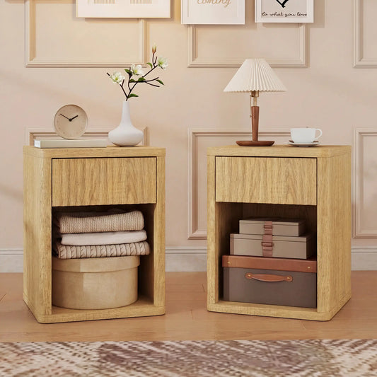 Nightstand With Drawer And Shelf, Modern Bedside Table Set Of 2, Oak Bedside Tables Oak at Gallery Canada