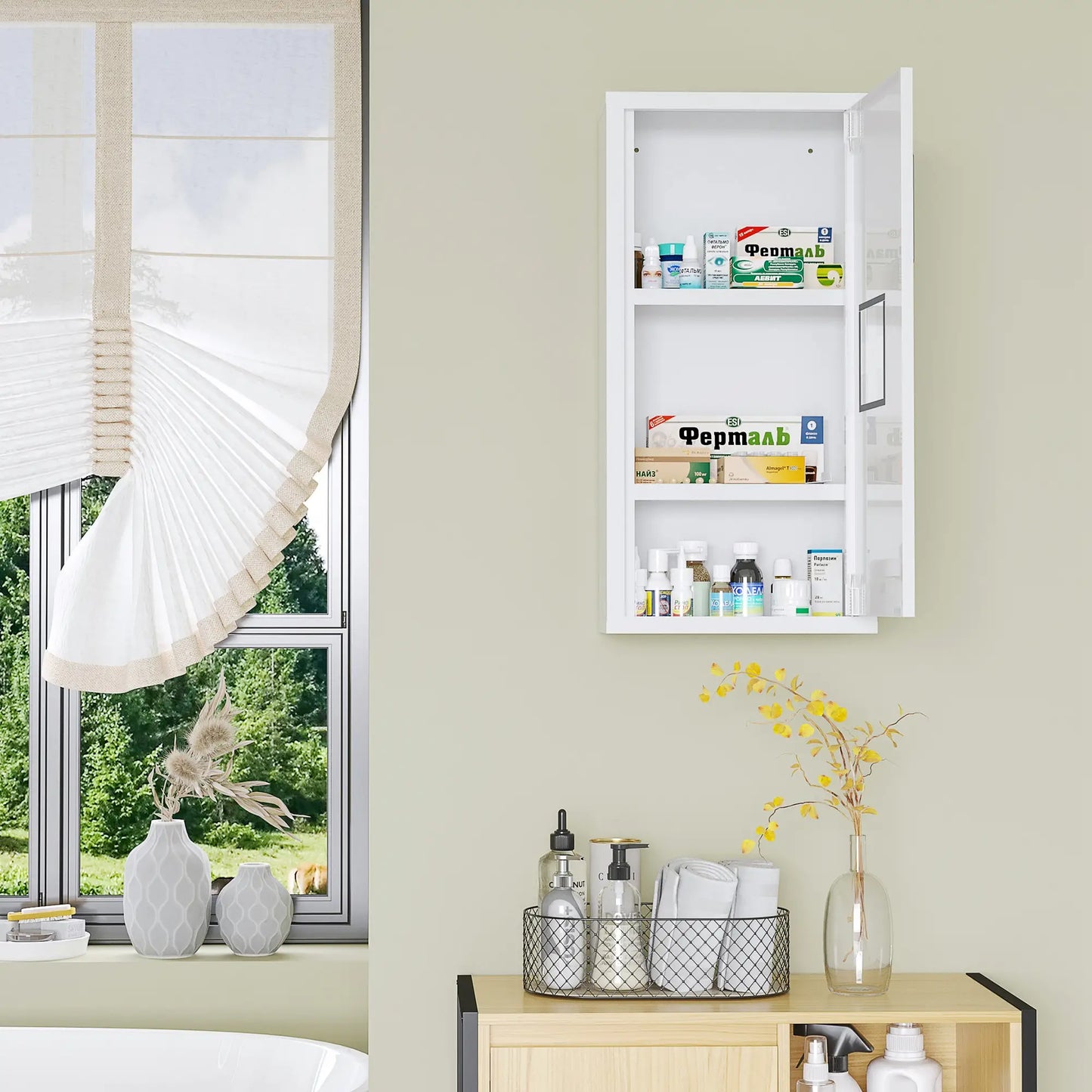 Wall Mount Medicine Cabinet, 2 Shelves, Steel Frame, Magnetic Door, White Mirror Medicine Cabinets at Gallery Canada