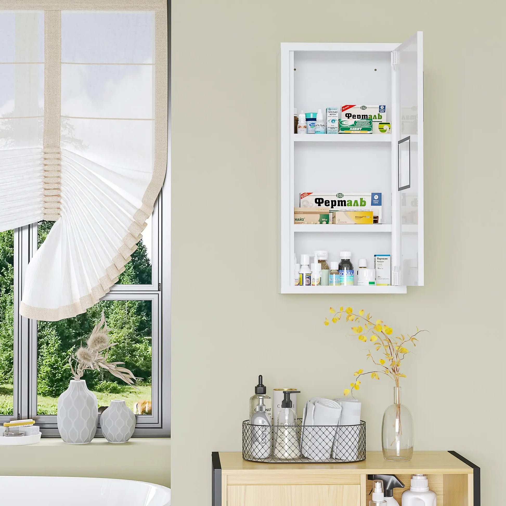 Wall Mount Medicine Cabinet, 2 Shelves, Steel Frame, Magnetic Door, White Mirror Medicine Cabinets at Gallery Canada