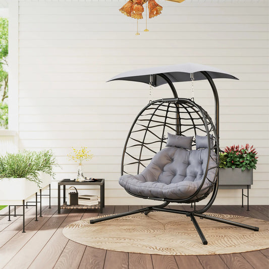 Double Wicker Egg Swing Chair, Foldable with Stand, Black Patio Swings with Stand Black at Gallery Canada