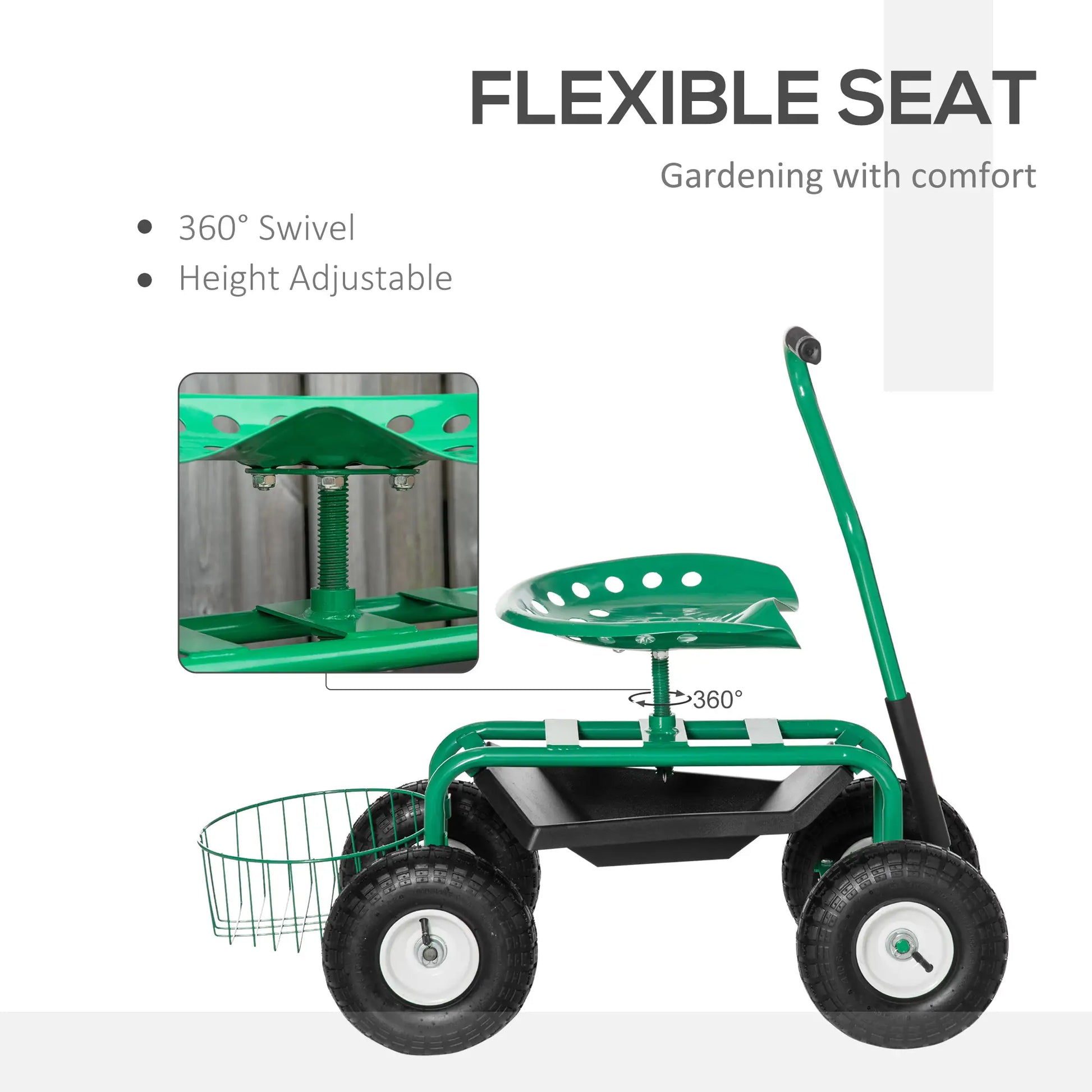 Garden Scooter, Rolling Cart, Adjustable Seat, Tool Tray, Bucket Basket, Green, Black Garden Accessories at Gallery Canada