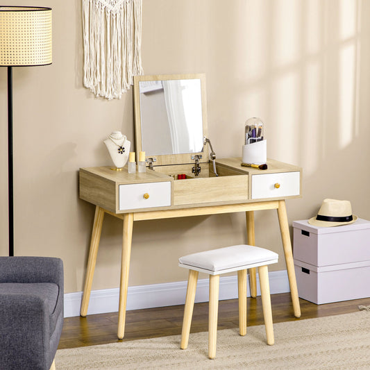 Dressing Table Set with Flip Top Mirror and Cushioned Stool, Makeup Vanity Dressing Table Writing Desk with 2 Drawers and Storage Grids for Bedroom, Natural - Gallery Canada