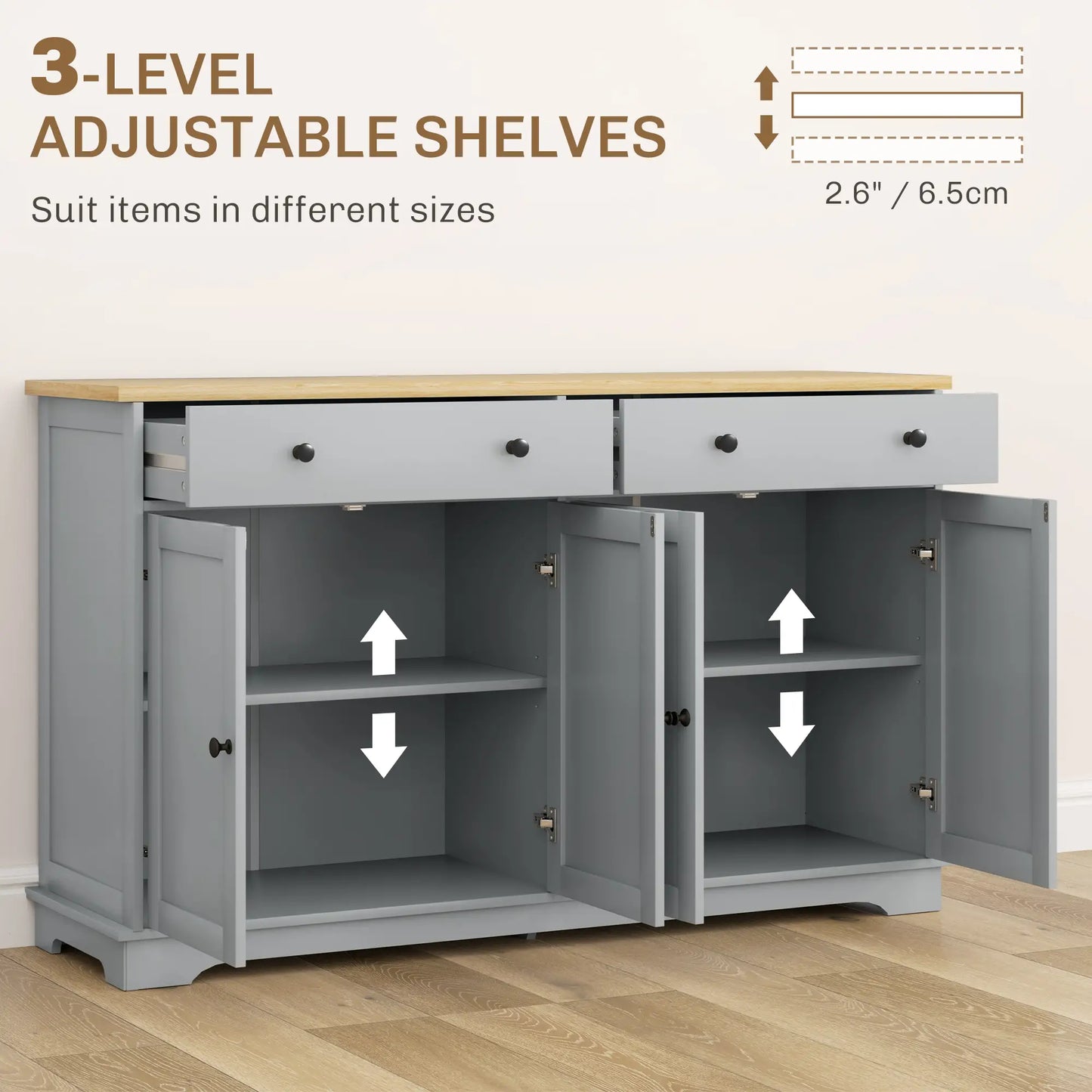 Modern Sideboard, Buffet Cabinet with Drawers, Adjustable Shelves, Grey Storage Cabinets at Gallery Canada
