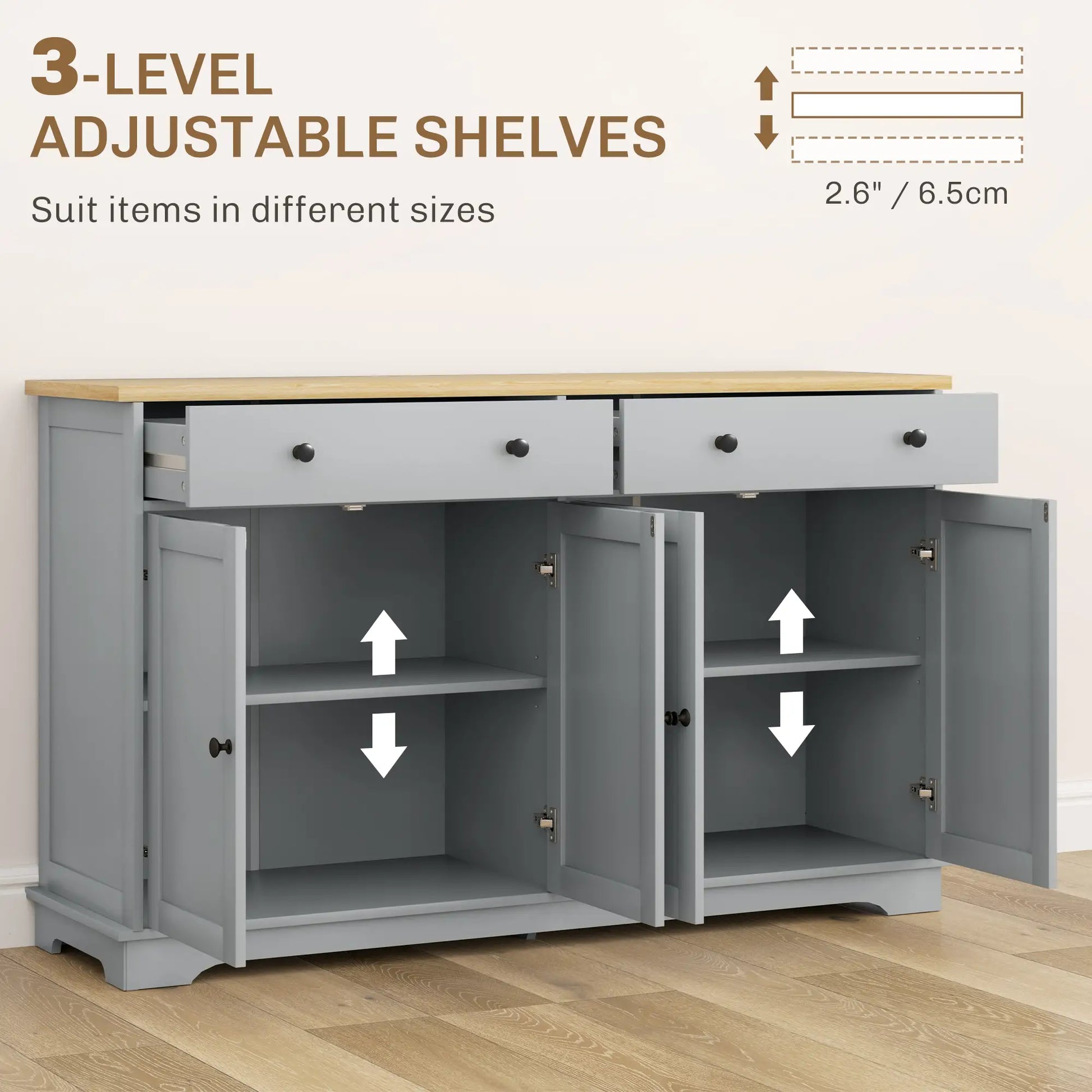 Modern Sideboard, Buffet Cabinet with Drawers, Adjustable Shelves, Grey Storage Cabinets at Gallery Canada