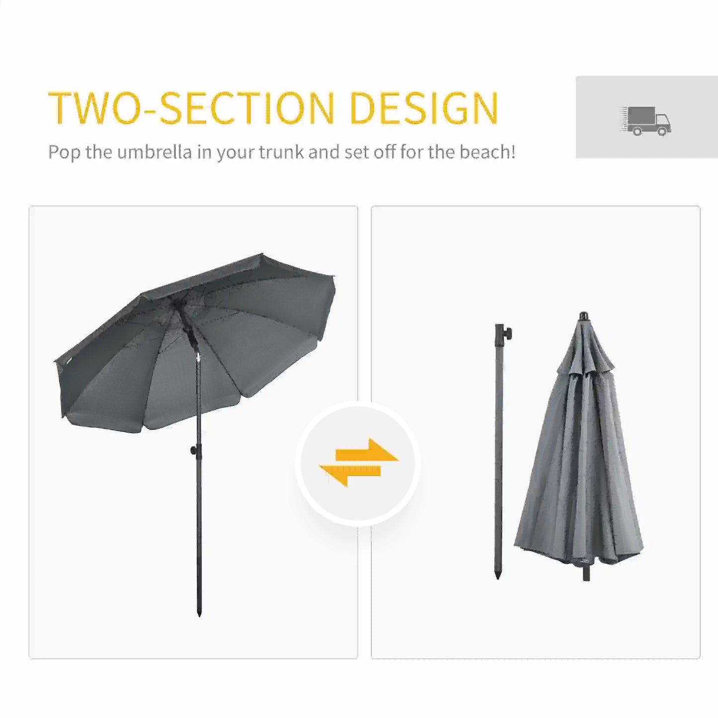 6ft Beach Umbrella, UV50+ Vented Canopy, Push Button Tilt, Dark Grey Beach Umbrellas at Gallery Canada