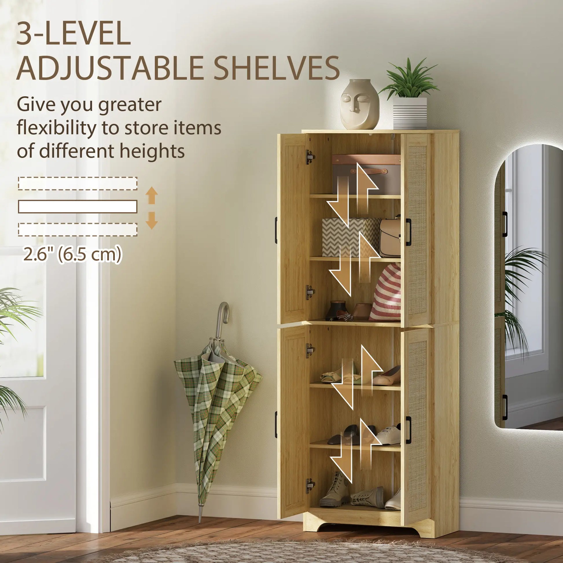 67" Tall Kitchen Pantry, Freestanding Cabinet, 4 Rattan Doors, Adjustable Shelves, Oak Storage Cabinets at Gallery Canada