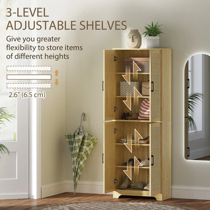67" Tall Kitchen Pantry, Freestanding Cabinet, 4 Rattan Doors, Adjustable Shelves, Oak Storage Cabinets at Gallery Canada