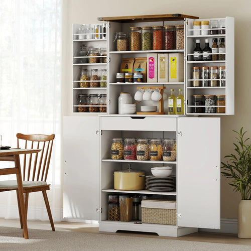72 Inch Kitchen Pantry Cabinet, Farmhouse Storage with 4 Doors, Drawer, White