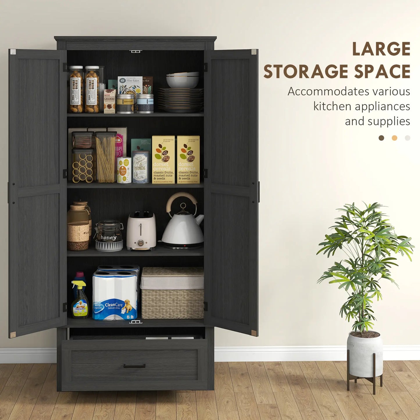 69" Tall Farmhouse Pantry Cabinet, 2 Doors, Drawer, Adjustable Shelves, Black Wood Grain, Black Kitchen Pantry Cabinets at Gallery Canada