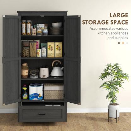 69" Tall Farmhouse Pantry Cabinet, 2 Doors, Drawer, Adjustable Shelves, Black Wood Grain, Black Kitchen Pantry Cabinets at Gallery Canada