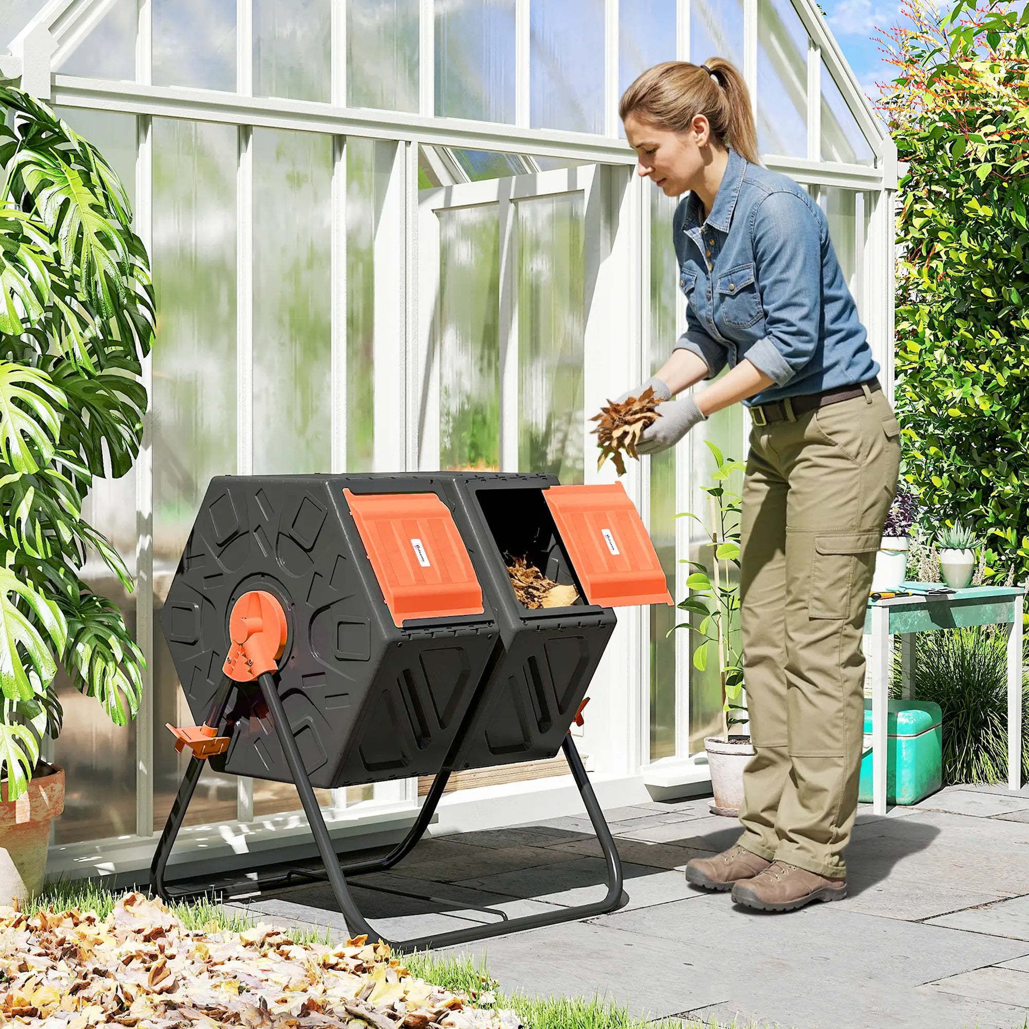 Rotating Composter, Dual Chamber Bin, 34.5 Gallon, Orange Outdoor Compost Bin at Gallery Canada