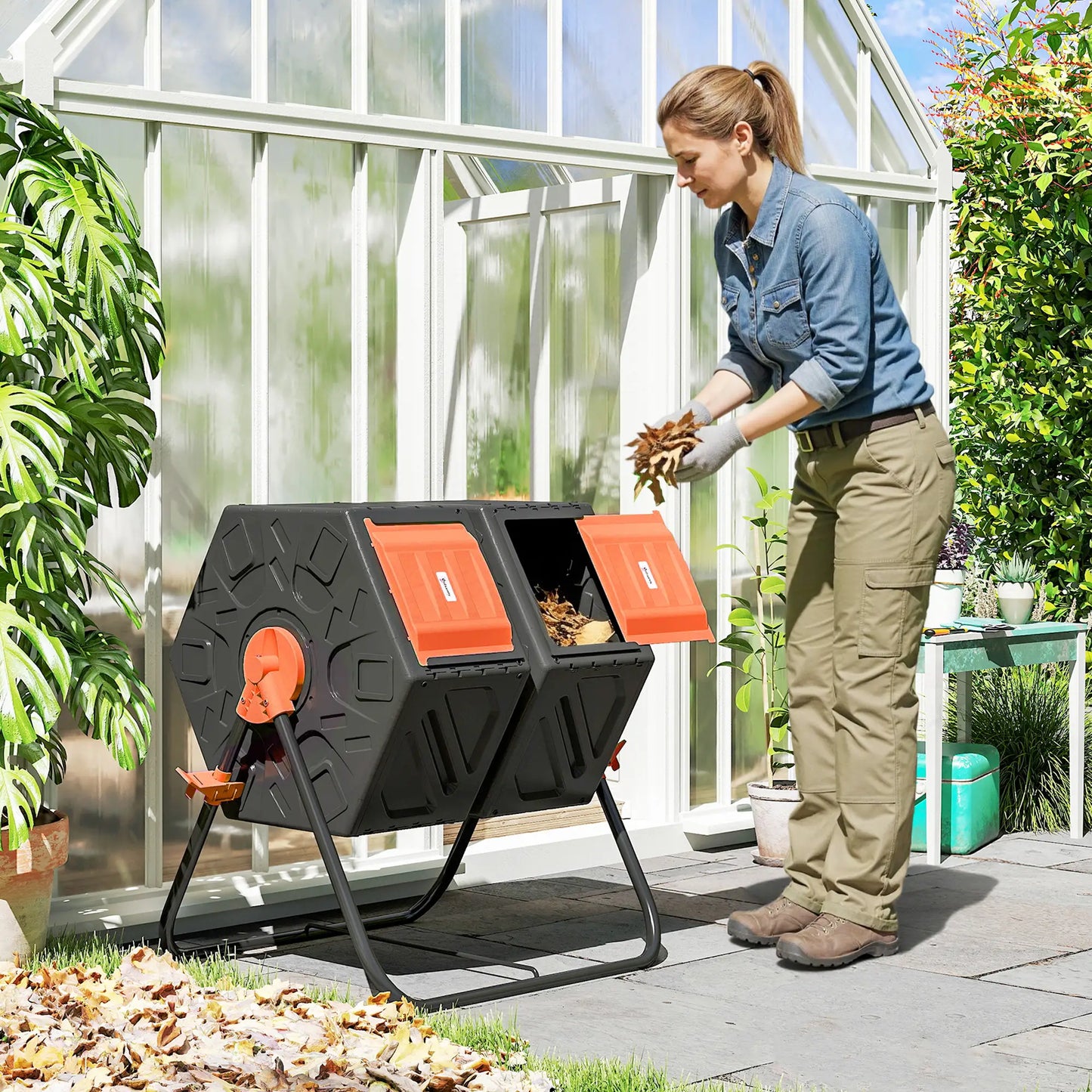 Rotating Composter, Dual Chamber Bin, 34.5 Gallon, Orange Outdoor Compost Bin at Gallery Canada