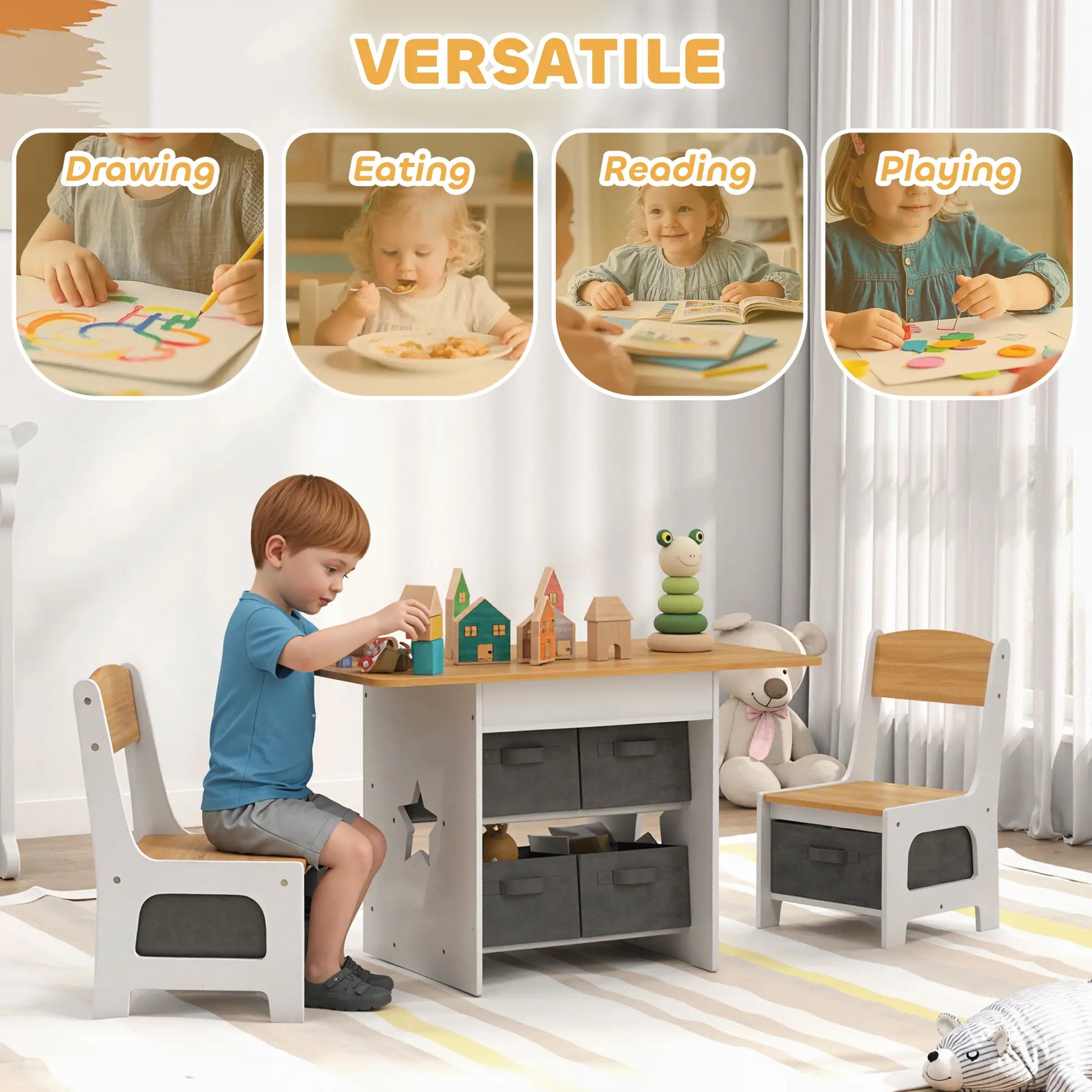 3 Piece Kids Table and Chair Set, 6 Removable Drawers, Natural Kids Table Sets at Gallery Canada