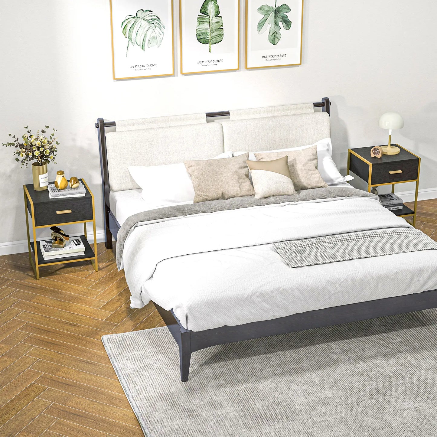 Modern Nightstand Set of 2, Small with Drawer, Shelf, Steel Frame, Black