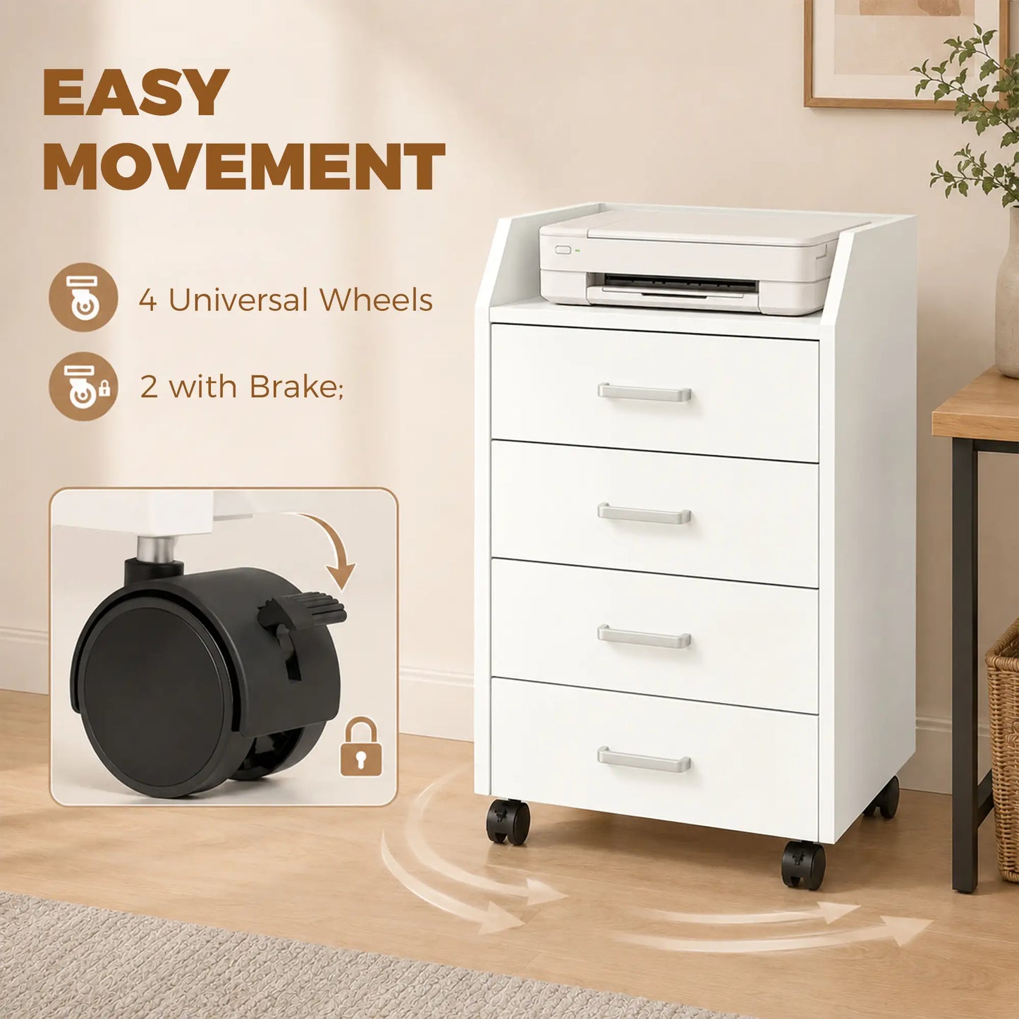 Armoire de classement verticale mobile à 4 tiroirs avec roues verrouillables, blanc