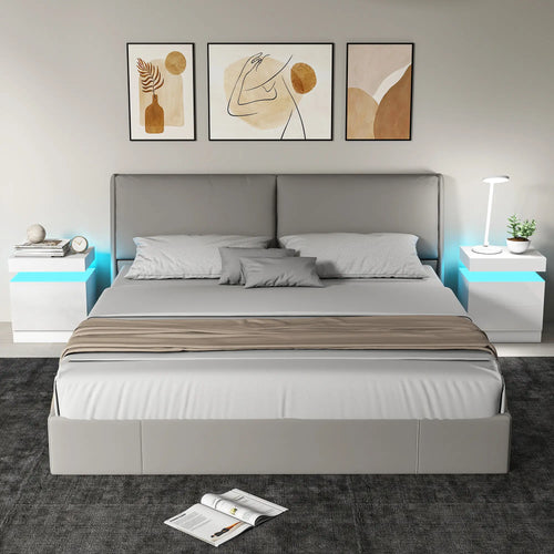 Nightstand Set of 2, LED Lights, 2 Drawers, White