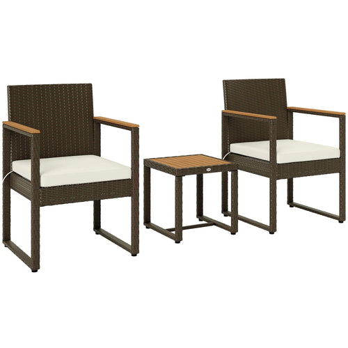 3 Pc Wicker Patio Set, Rattan Bistro w/ Acacia Table, White