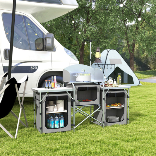 Aluminum Camping Kitchen, Portable Folding Camping Table with Fabric Cupboards, Windshield, Bag for BBQ, Picnic, Grey - Gallery Canada