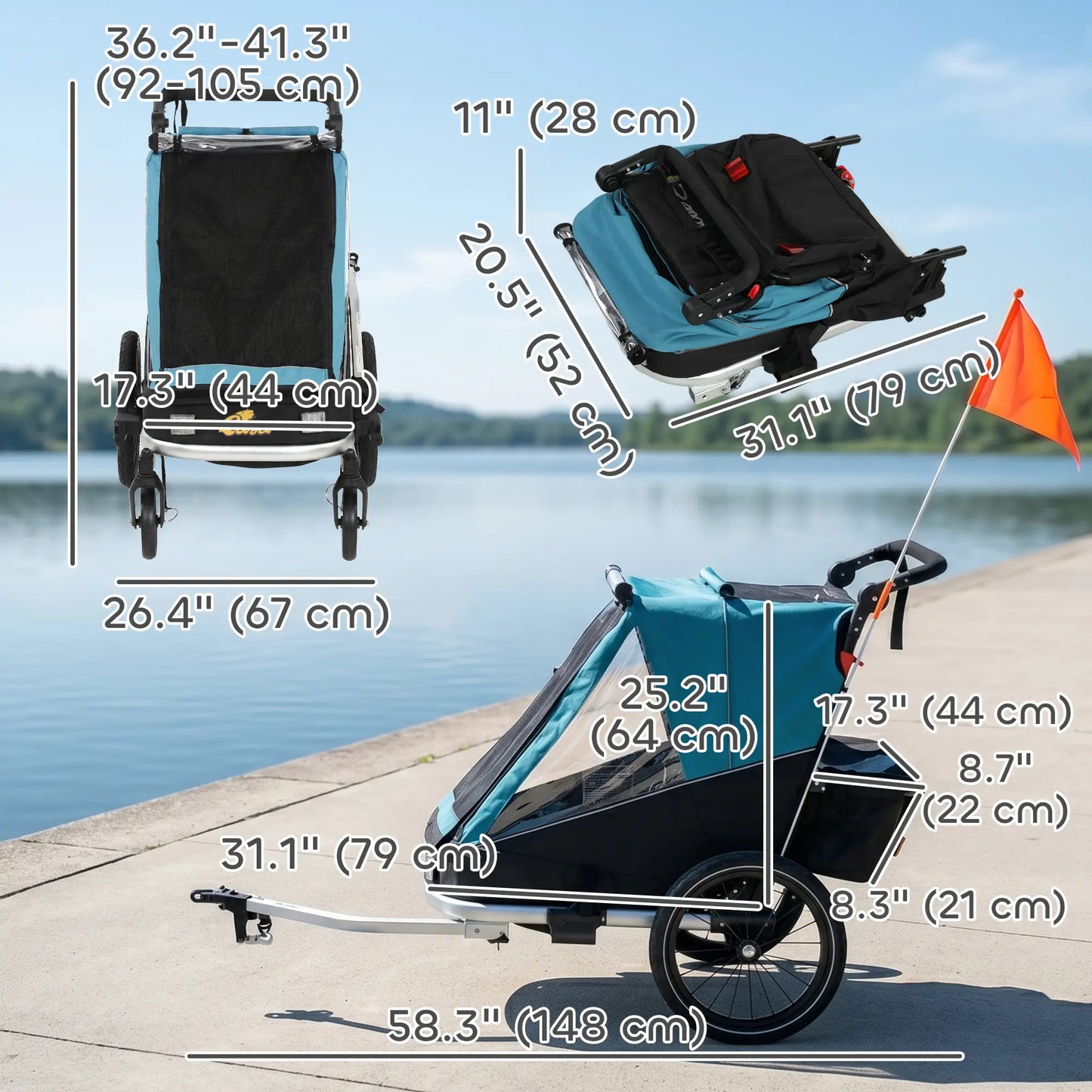 3-in-1 Bike Trailer for Kids, Baby Stroller and Jogger, Foldable Child Bicycle Trailer with Reclining Seat, Blue Kids Bike Trailers at Gallery Canada