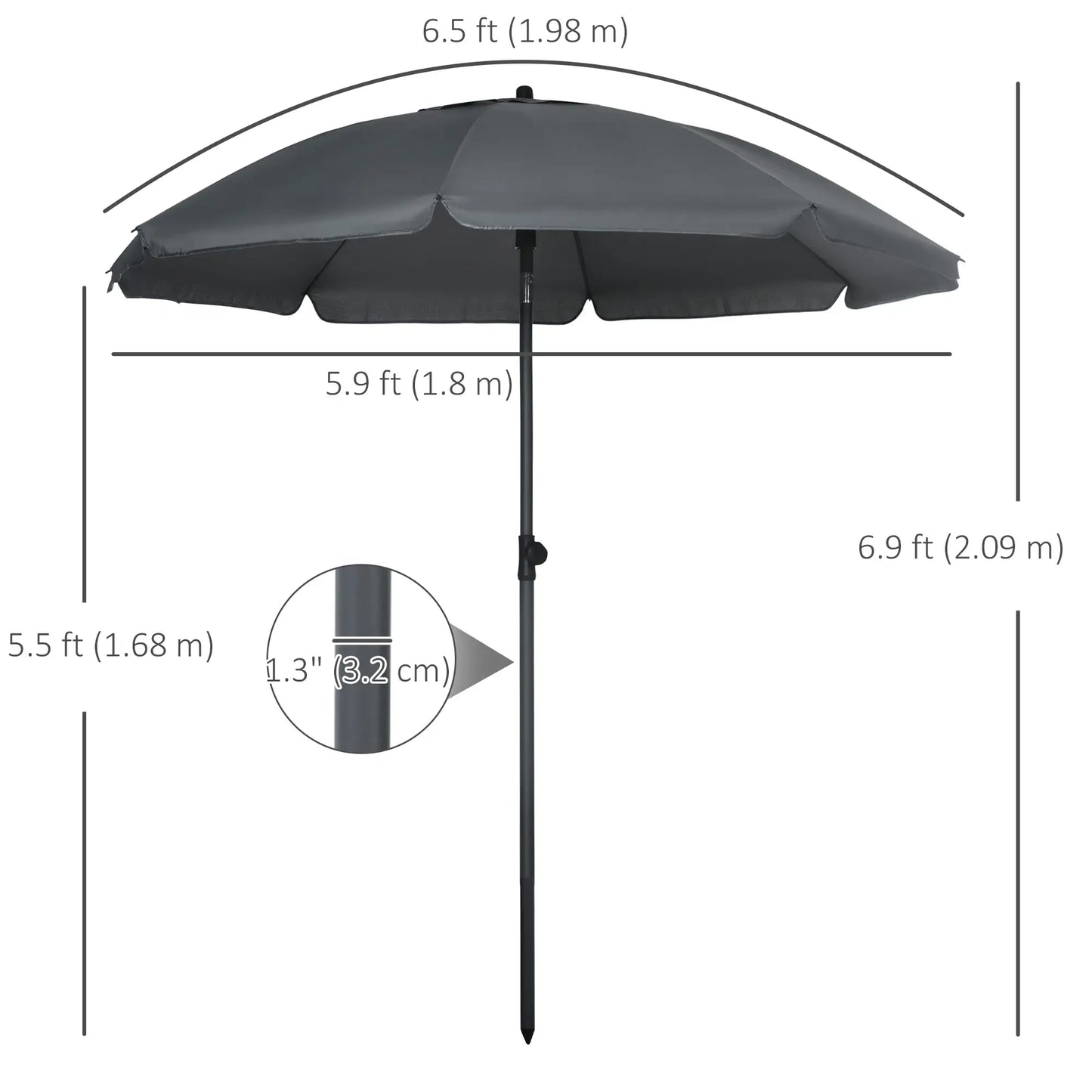 6ft Beach Umbrella, UV50+ Vented Canopy, Push Button Tilt, Dark Grey Beach Umbrellas at Gallery Canada