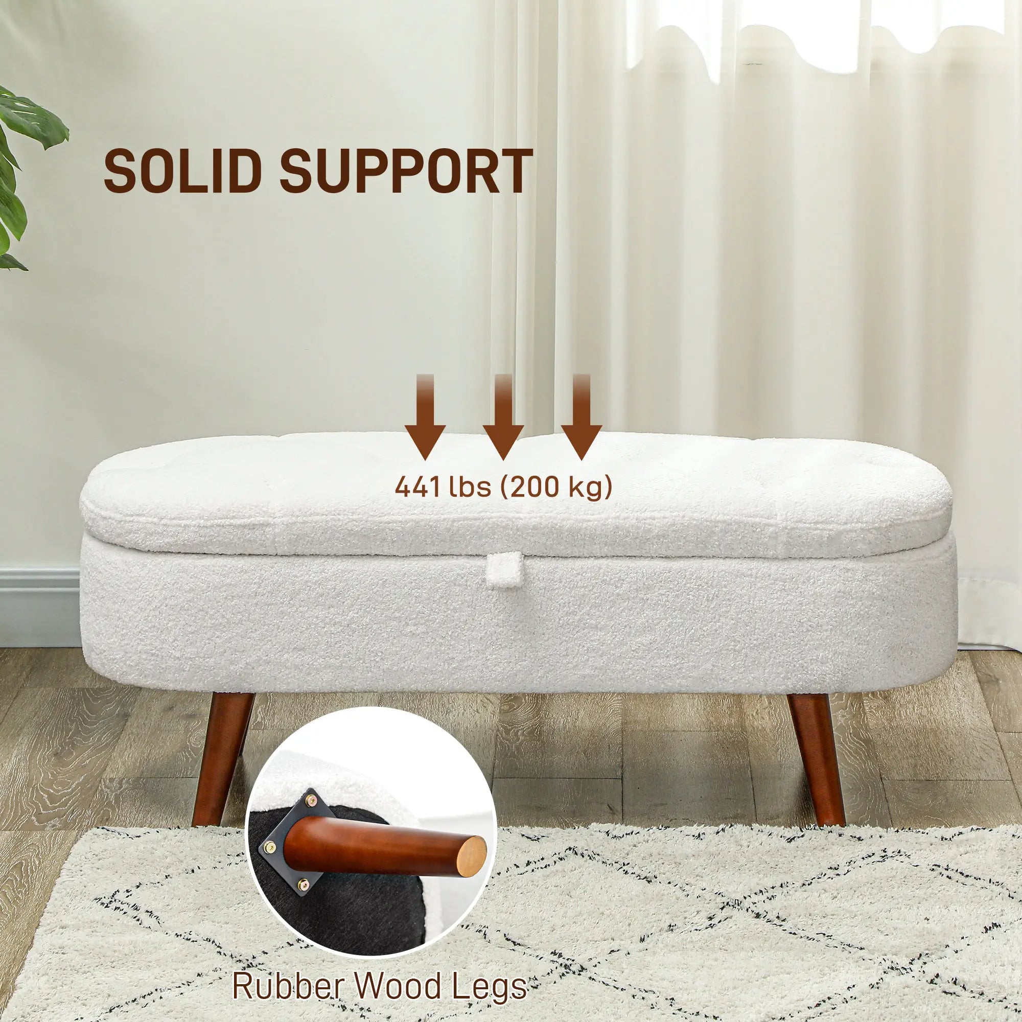 Boucle Storage Bench, Tufted Teddy Fleece, Wood Legs, White Storage Ottomans & Benches at Gallery Canada